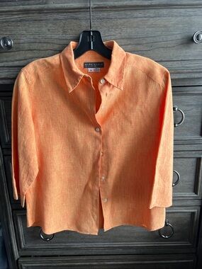 Mark Shale Women's Orange Short-Sleeve Linen Button-Up Top